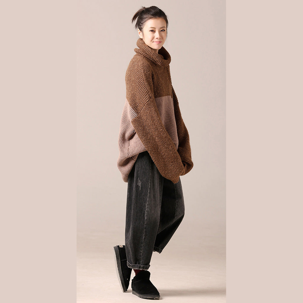 Sweater Weather High Neck Khaki Oversized Knitwear Patchwork