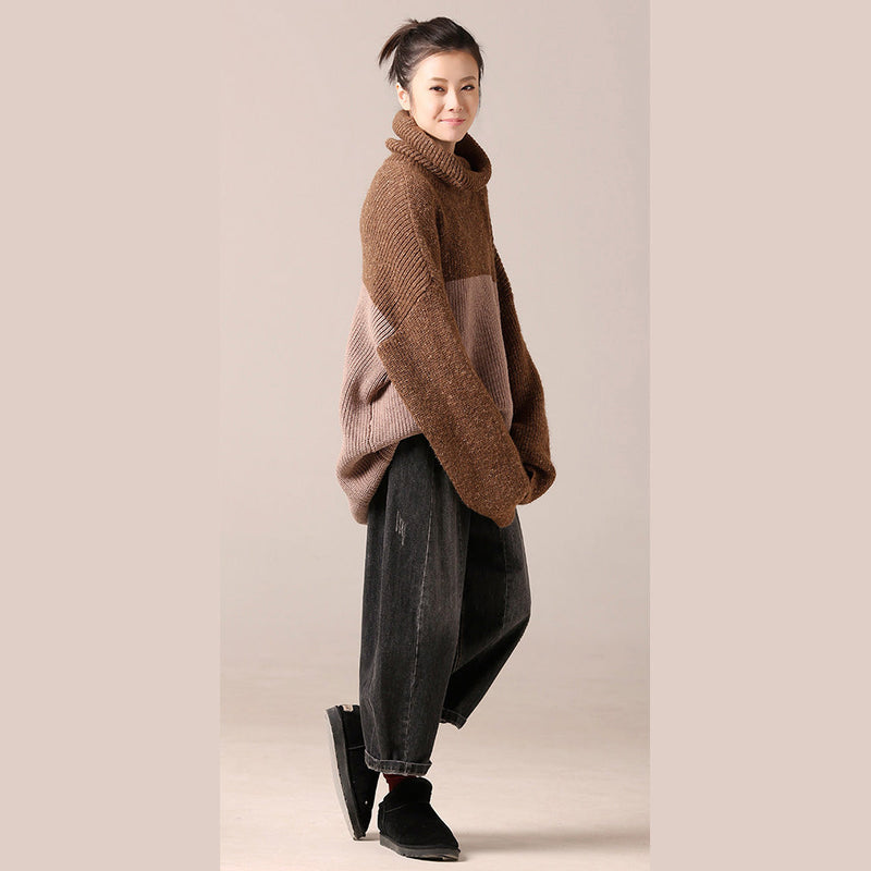 Sweater Weather High Neck Khaki Oversized Knitwear Patchwork