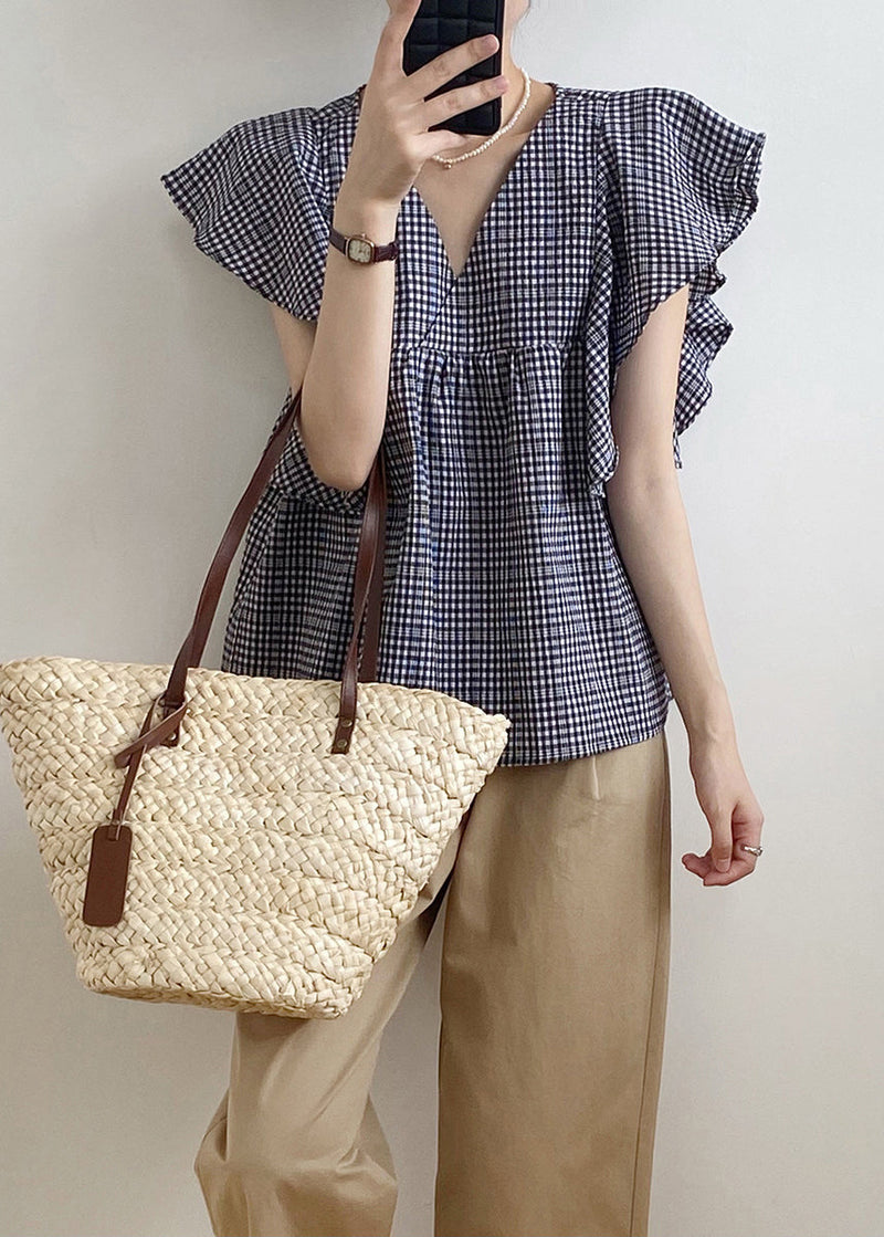 V Neck Plaid Cotton Shirts Top Butterfly Sleeve