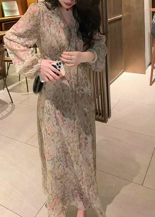 V Neck Print Tie Waist Chiffon Long Dress Long Sleeve
