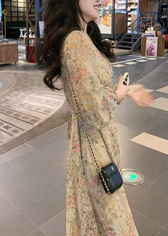 V Neck Print Tie Waist Chiffon Long Dress Long Sleeve