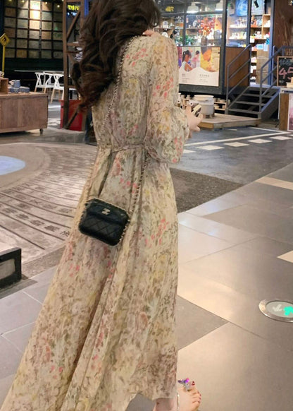 V Neck Print Tie Waist Chiffon Long Dress Long Sleeve