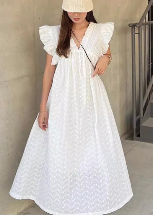 White Dot Ruffled Cotton Holiday Dress Sleeveless