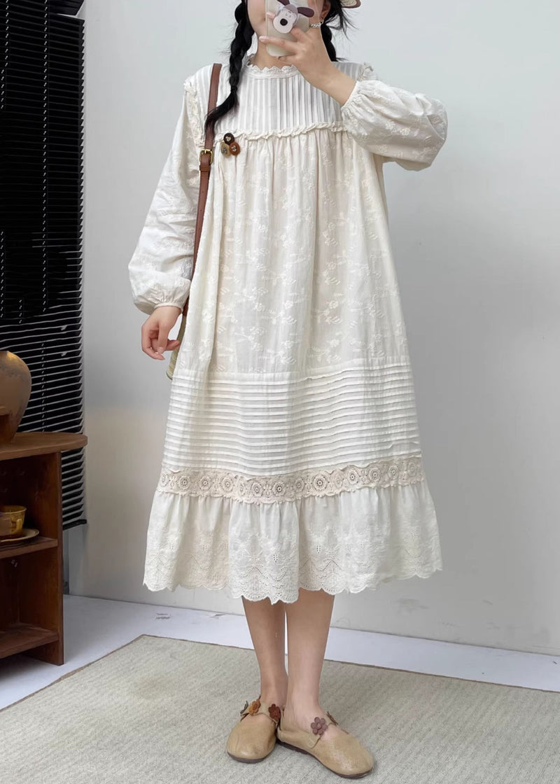 White Embroidered Ruffled Patchwork Wrinkled Cotton Maxi Dress Long Slee