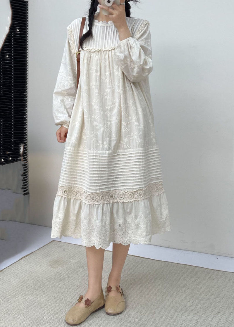 White Embroidered Ruffled Patchwork Wrinkled Cotton Maxi Dress Long Slee