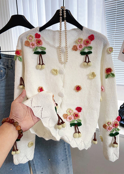 White Fuzzy Ball Decorated Warm Knit Cardigan Winter