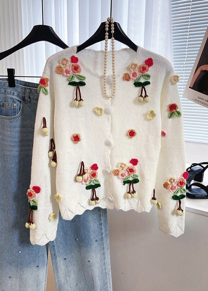 White Fuzzy Ball Decorated Warm Knit Cardigan Winter