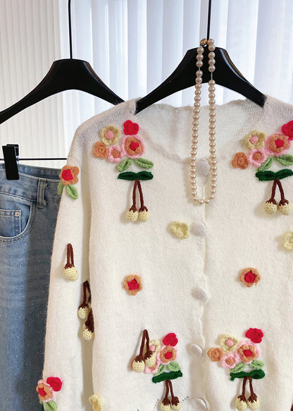 White Fuzzy Ball Decorated Warm Knit Cardigan Winter