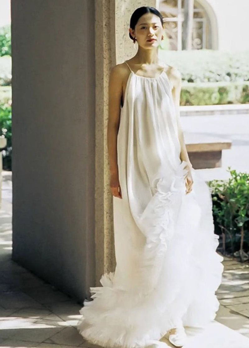 White Halter Tulle Patchwork Long Dresses Summer