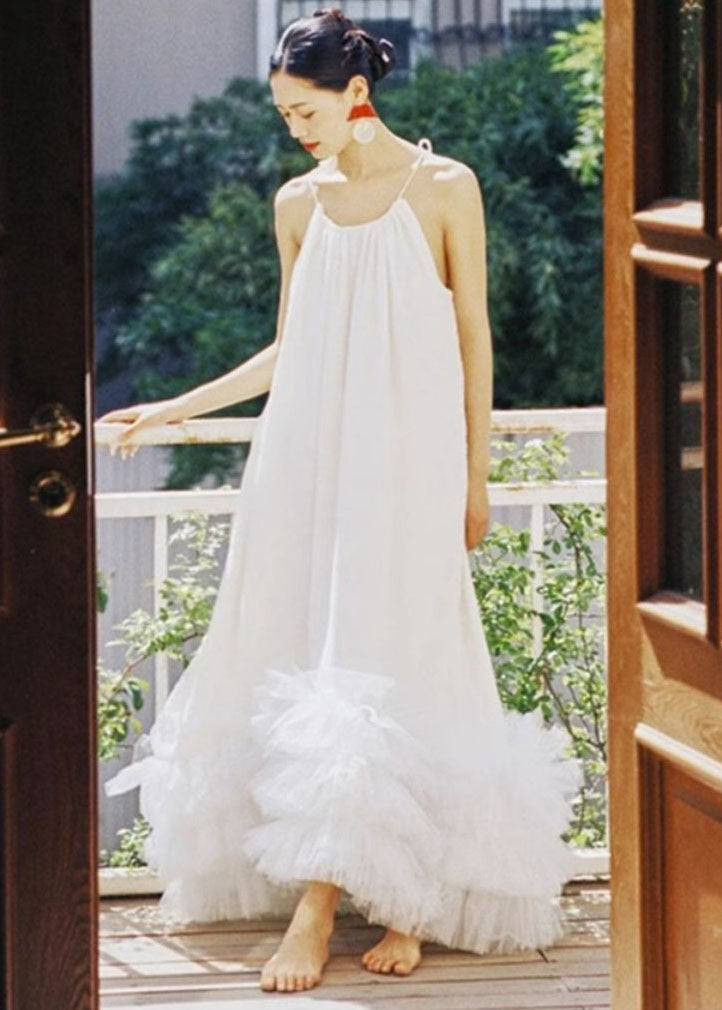 White Halter Tulle Patchwork Long Dresses Summer