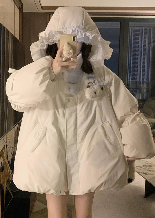 White Hooded Pockets Fine Cotton Filled Jacket Winter