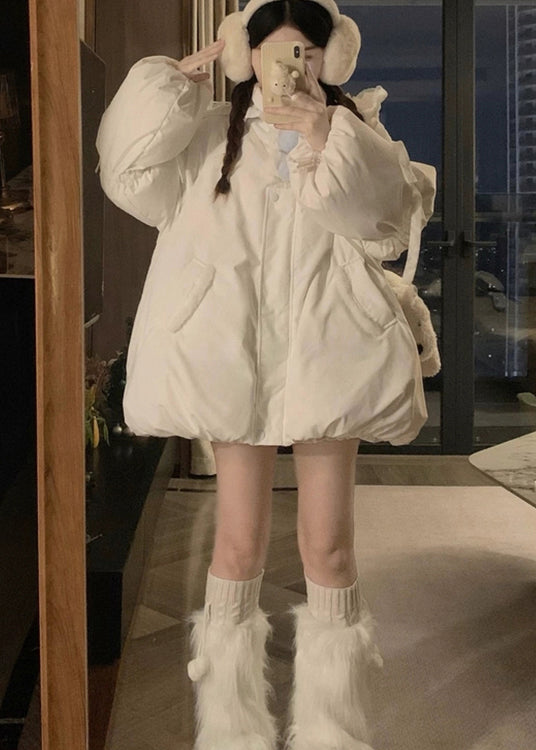 White Hooded Pockets Fine Cotton Filled Jacket Winter