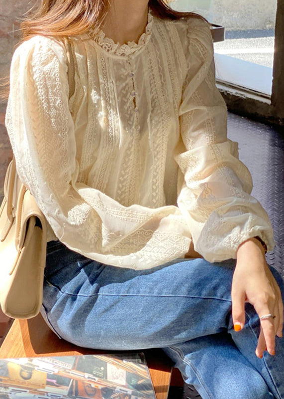 White O-neck Button Lace Shirts Spring