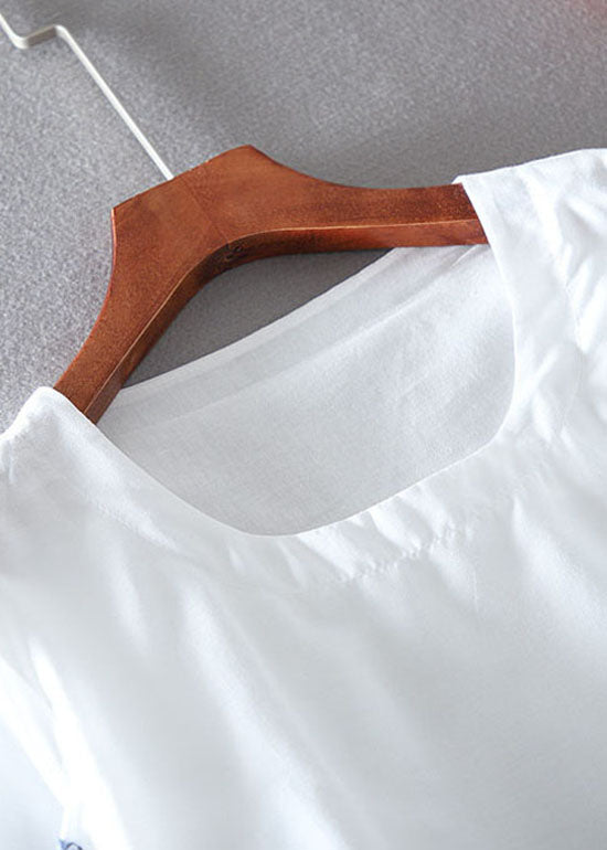 White O-neck Embroideried Chiffon Tops Lantern Sleeve