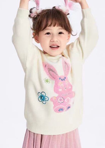 White O-neck Patchwork Cotton Knit Kids Sweaters Spring
