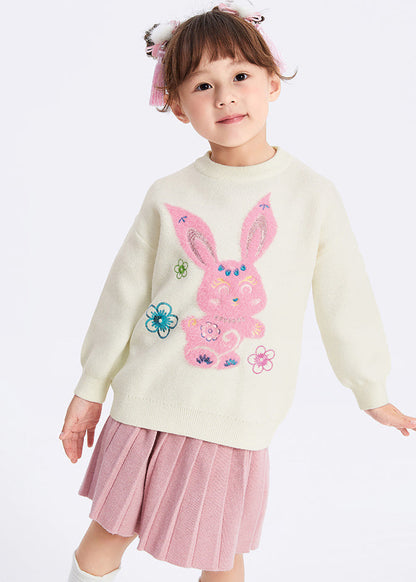 White O-neck Patchwork Cotton Knit Kids Sweaters Spring