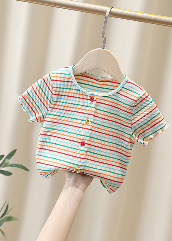 White O-neck Striped Knit Cotton Top Summer