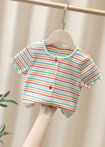 White O-neck Striped Knit Cotton Top Summer