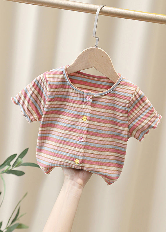 White O-neck Striped Knit Cotton Top Summer