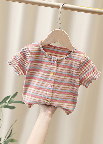 White O-neck Striped Knit Cotton Top Summer