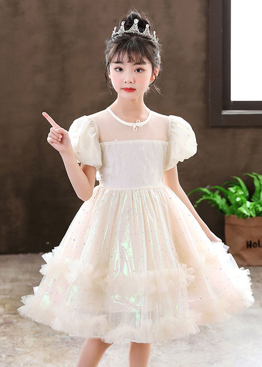 White Puff Sleeve Tulle Kids Dress Summer