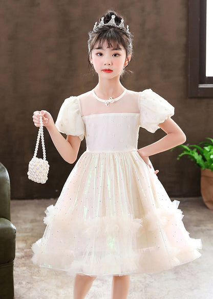 White Puff Sleeve Tulle Kids Dress Summer