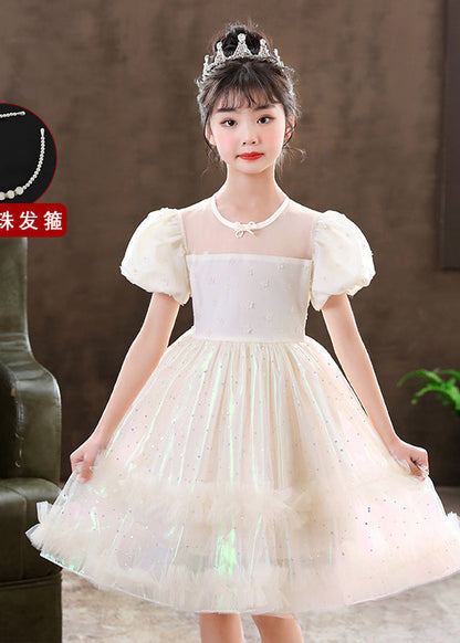 White Puff Sleeve Tulle Kids Dress Summer