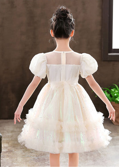 White Puff Sleeve Tulle Kids Dress Summer