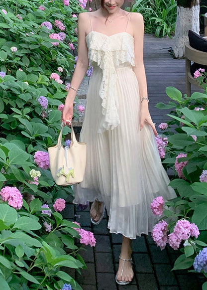 White Slash Neck Patchwork Lace Patchwork Long Dresses Sleeveless