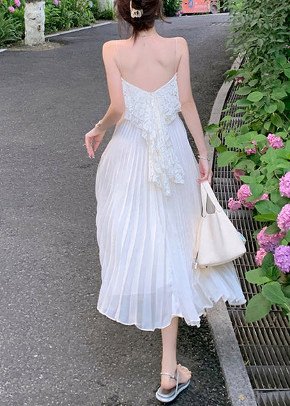 White Slash Neck Patchwork Lace Patchwork Long Dresses Sleeveless