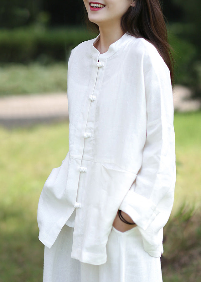White Stand Collar Button Linen Coats Spring