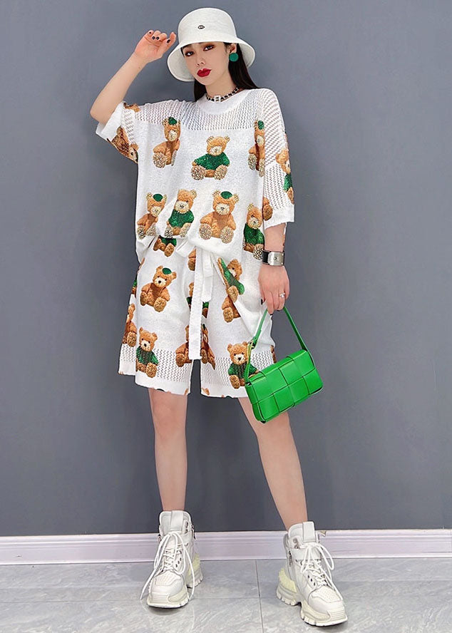 White Teddy Bear Print Cotton Tanks and Shorts Two Pieces Set Short Sleeve