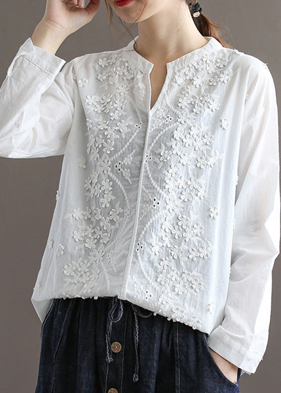 White V Neck Embroideried Cotton Top Spring