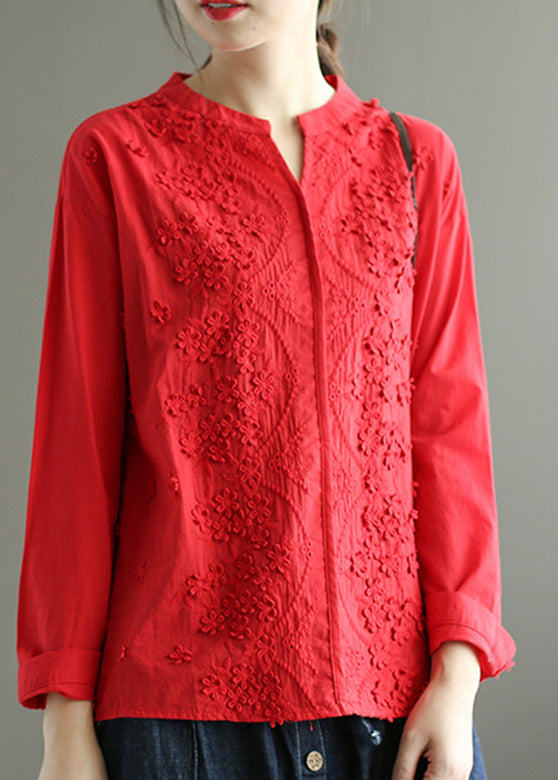White V Neck Embroideried Cotton Top Spring