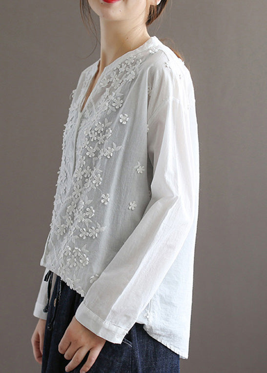 White V Neck Embroideried Cotton Top Spring