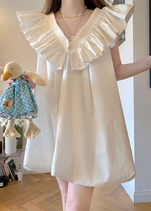 White V Neck Ruffled Mid Dress Short Sleeve