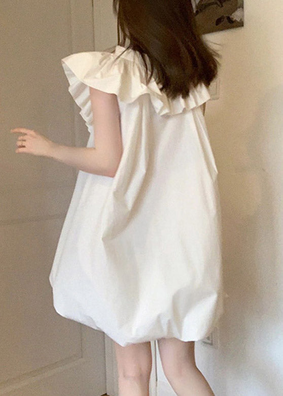 White V Neck Ruffled Mid Dress Short Sleeve