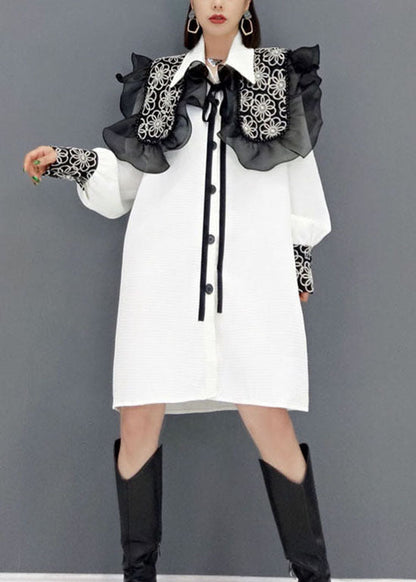 White Button Peter Pan Collar Lace Patchwork Shirt Dresses Spring