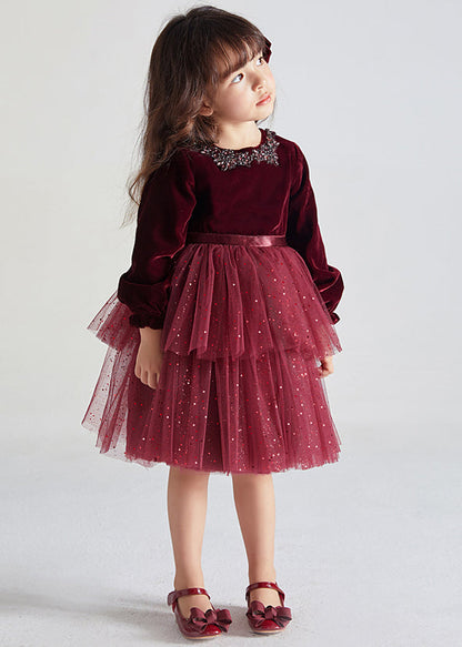 Wine Red Ruffled Tulle Patchwork Warm Fleece Kids Dress Fall