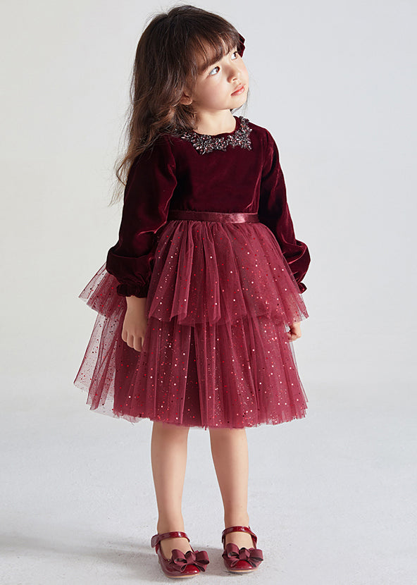 Wine Red Ruffled Tulle Patchwork Warm Fleece Kids Dress Fall