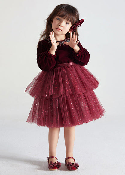 Wine Red Ruffled Tulle Patchwork Warm Fleece Kids Dress Fall