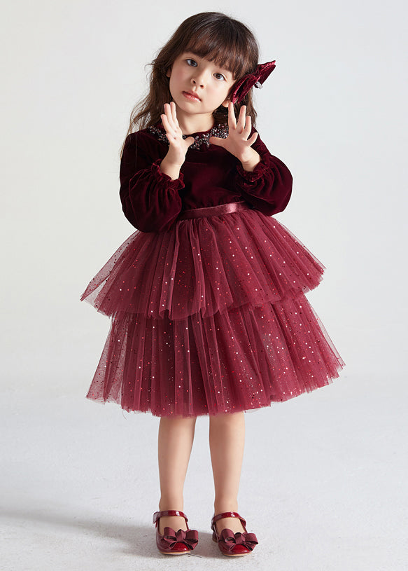 Wine Red Ruffled Tulle Patchwork Warm Fleece Kids Dress Fall