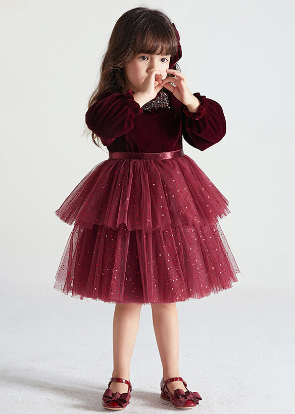 Wine Red Ruffled Tulle Patchwork Warm Fleece Kids Dress Fall