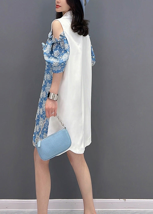Blue Peter Pan Collar Print Button Shirts Mid Dress Sleeve
