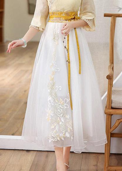 Yellow Embroideried High Waist Tie Waist Tulle Skirts Fall