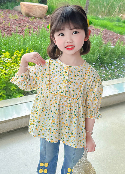 Yellow O-neck Print Cotton Top Half Sleeve