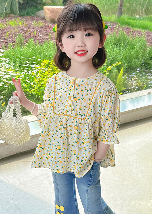 Yellow O-neck Print Cotton Top Half Sleeve