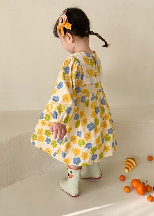 Yellow O Neck Print Cotton Kids Robe Dresses Fall