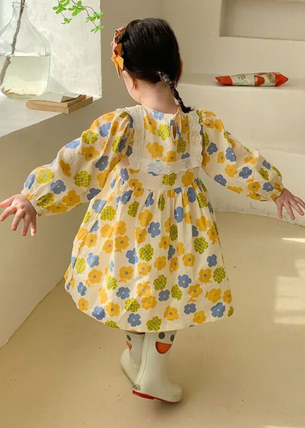 Yellow O Neck Print Cotton Kids Robe Dresses Fall