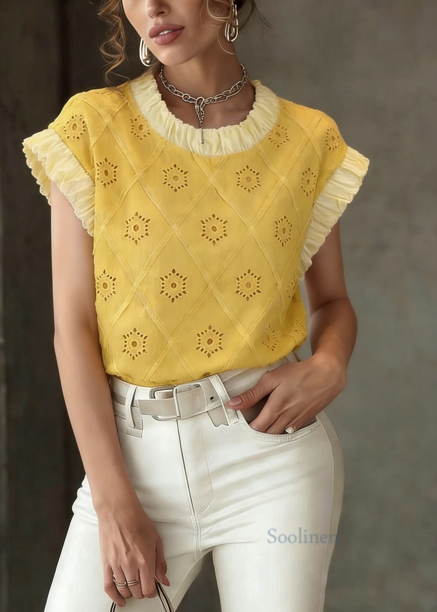 Yellow Patchwork Hollow Out T Shirt Summer